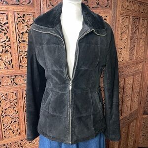 Vintage Black Y2K Patchwork Suede Leather Zip-Up Women's Jacket Faux Fur Collar